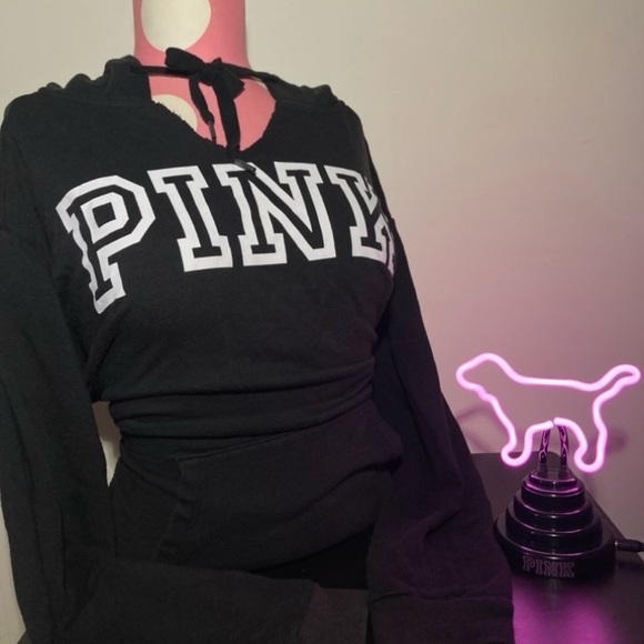 Victoria’s Secret Pink Logo Hoodie Oversized Campus Pullover Black Size Small - Picture 16 of 17